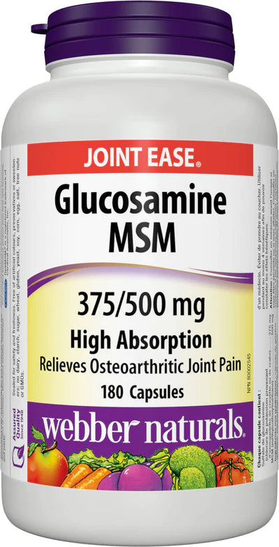 WEBBER NATURALS GLUCOSAMINE MSM HIGH ABSORPTION EASY SWALLOW 375/500 MG, 180CAPS