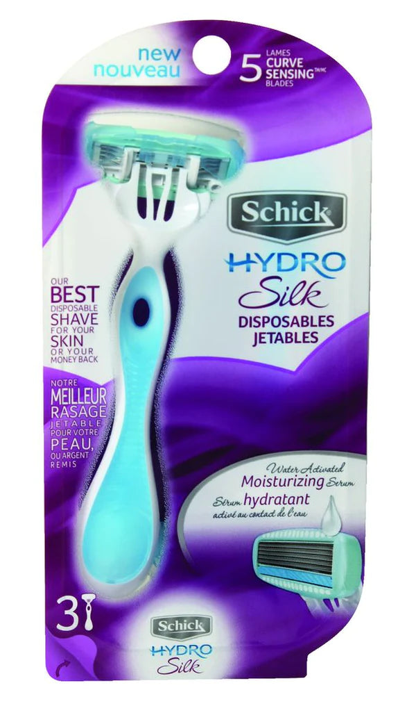 SCHICK HYDRO SILK RAZOR DISPOSABLE RAZORS FOR WOMEN WITH MOISTURIZING SERUM, 3 COUNT