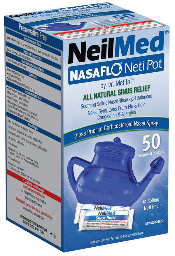 NEILMED NASAFLO UNBREAKABLE NETI POT WITH 50 PREMIXED PACKETS