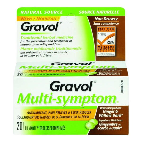 'GRAVOL (20 TABLETS) MULTI-SYMPTOM ANTINAUSEANT FOR NAUSEA, PAIN RELIEF, FEVER & MOTION SICKNESS