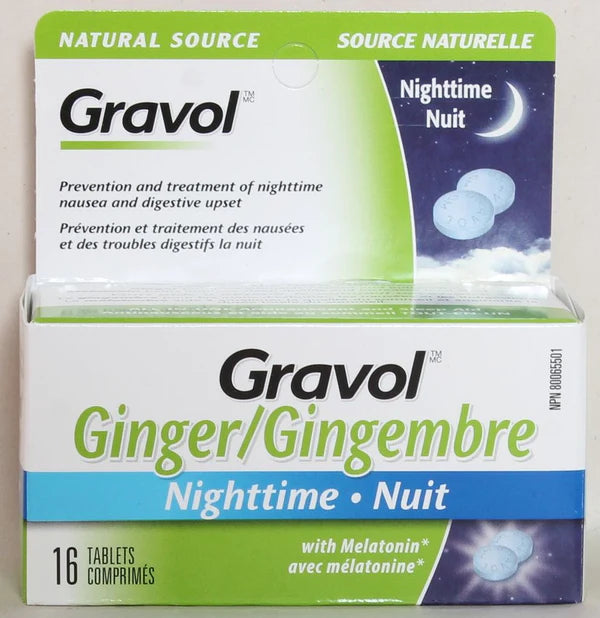 GRAVOL NATURAL SOURCE GINGER NIGHTTIME FOR PREVENTION AND TREATMENT OF NIGHT TIME NAUSEA AND DIGESTIVE UPSET - 16 TABLETS