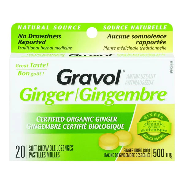 CERTIFIED ORGANIC GINGER GRAVOL (20 CHEWABLE LOZENGES)500MG ANTINAUSEANT FOR NAUSEA, VOMITING & MOTION SICKNESS