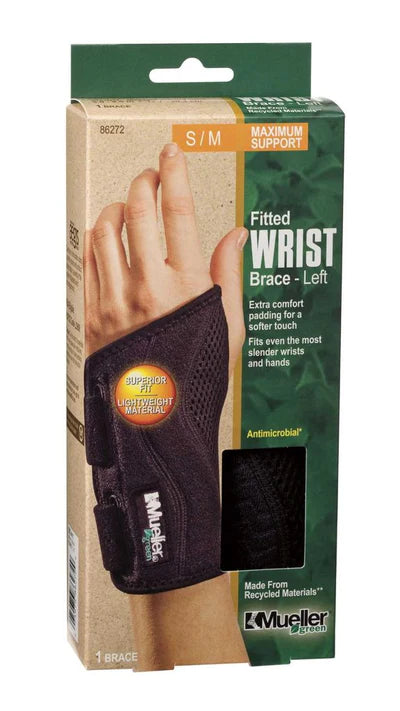 MUELLER GREEN FITTED WRIST BRACE, BLACK, LEFT HAND, SMALL/MEDIUM (5-8)