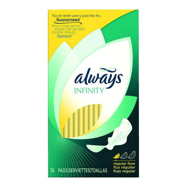 ALWAYS INFINITY SIZE 1 PADS WITH WINGS, REGULAR ABSORBENCY, UNSCENTED, 36 CT, PACKAGING MAY VARY