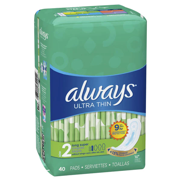 ALWAYS ULTRA THIN SIZE 2 SUPER PADS WITHOUT WINGS UNSCENTED, 40 COUNT