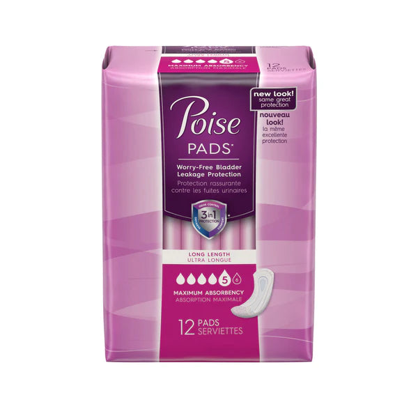 POISE MAXIMUM ABSORBENCY PADS, LONG, 12 COUNT
