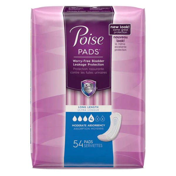 POISE INCONTINENCE PADS, MODERATE ABSORBENCY, LONG, 54 COUNT