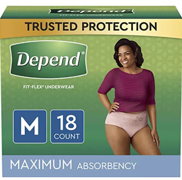 DEPEND FIT-FLEX INCONTINENCE UNDERWEAR FOR WOMEN, DISPOSABLE, MAXIMUM ABSORBENCY, MEDIUM, BLUSH, 18 COUNT