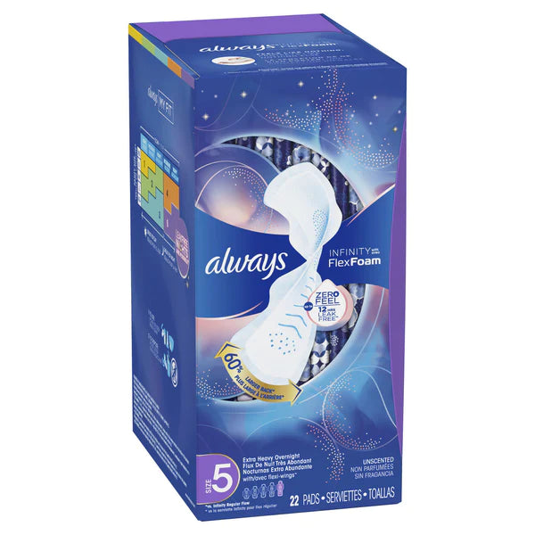 ALWAYS INFINITY FLEXFOAM PADS FOR WOMEN, SIZE 5, EXTRA HEAVY OVERNIGHT ABSORBENCY, UNSCENTED, 22 COUNT