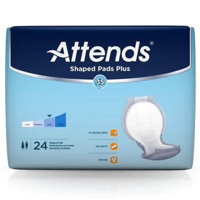 ATTENDS SHAPED PADS WITH ODOR-SHIELD TECHNOLOGY FOR ADULT INCONTINENCE CARE, PLUS, 24.5" LONG, UNISEX